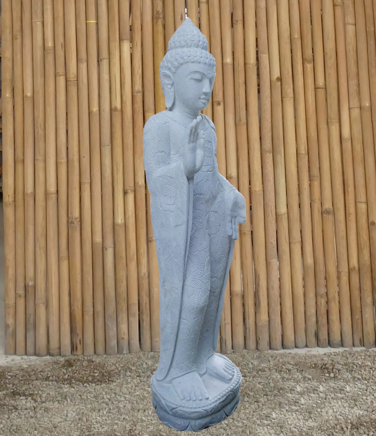  Product image 4 of the product “Standing Buddha with floral carving, Abudaya position. 38 x 30 x 150cm. Natural stone (river stone), stonemasonry ”
